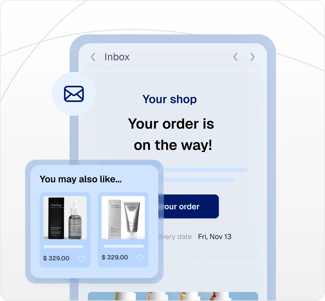 Shipping update email with a "You may also like" product recommendation section