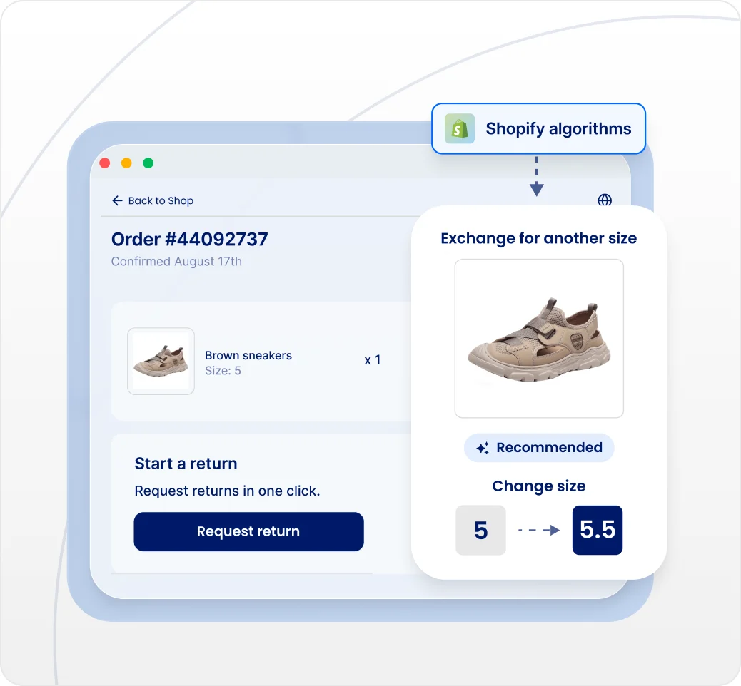 Shopify order page with a Start a return section and a recommended replacement item