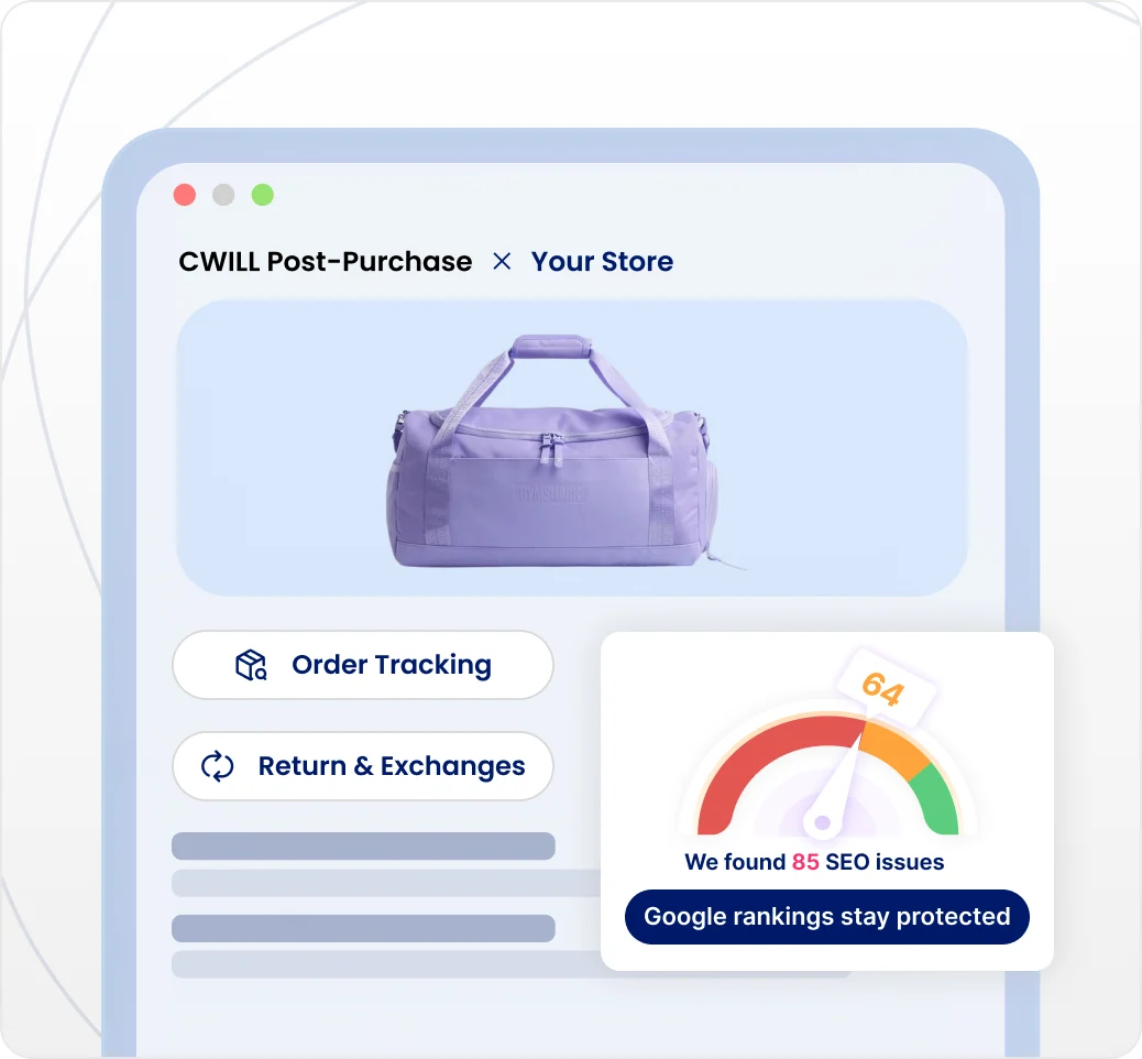 CWILL Post-Purchase on a Shopify store page with an SEO score gauge