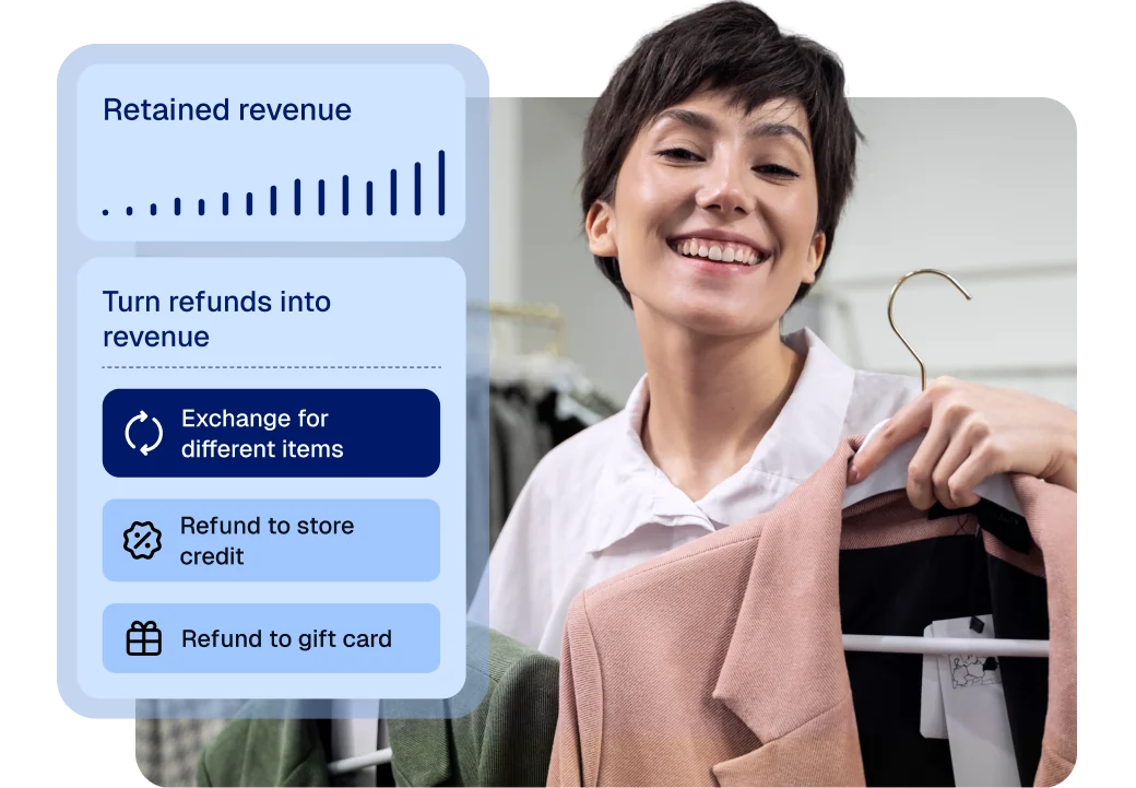 Returns dashboard with exchange options beside a merchant holding clothing