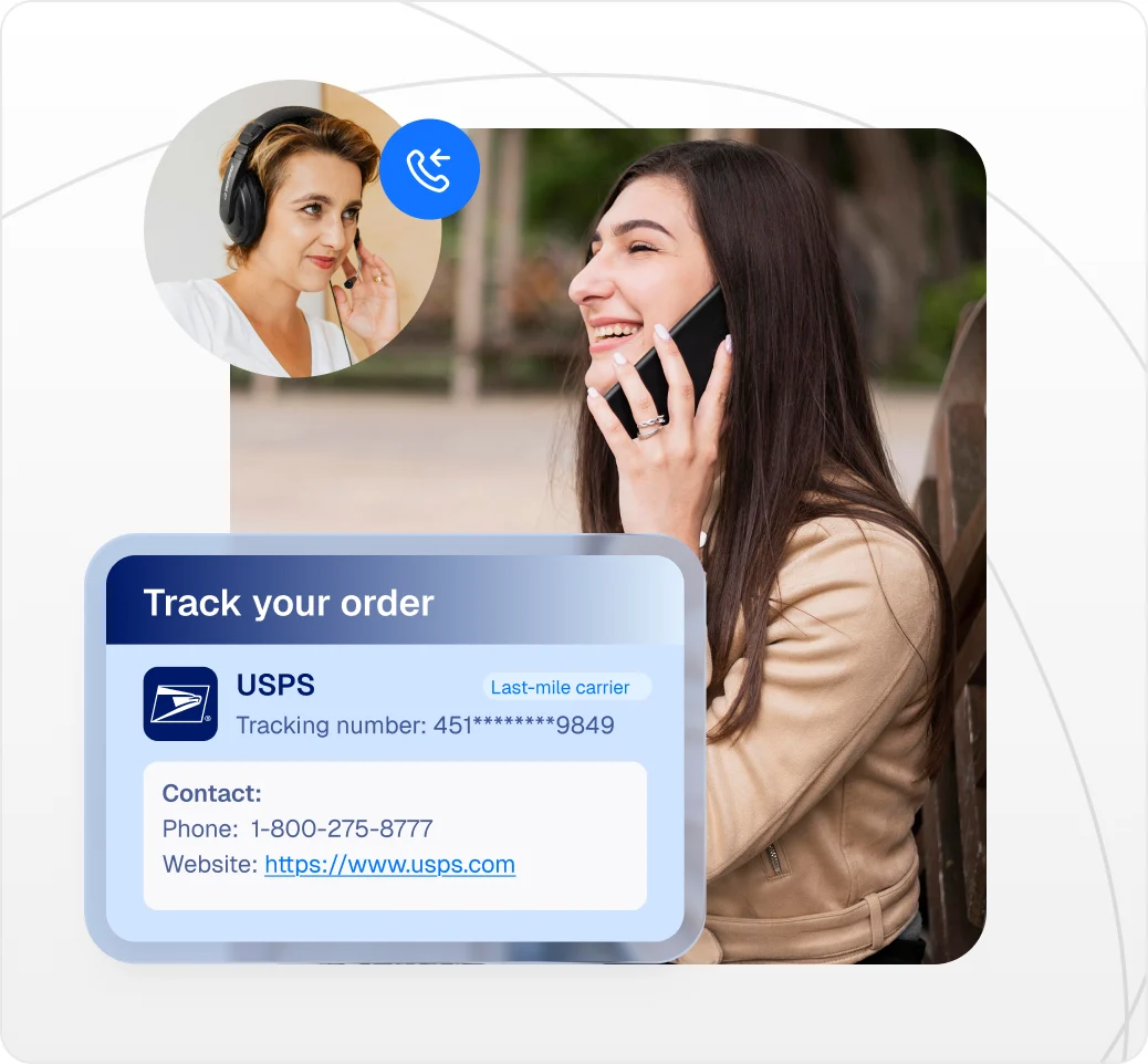 USPS carrier contact card beside a customer calling customer service