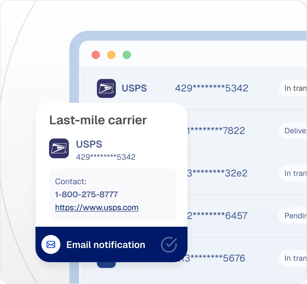 USPS last-mile carrier card with an email notification sent