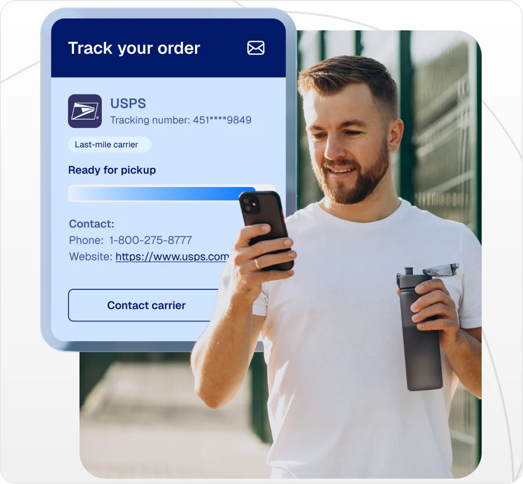 USPS last-mile tracking update with contact details and ready-for-pickup status received by a customer