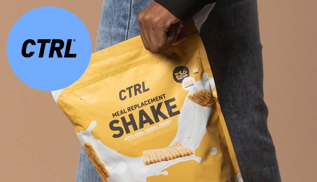 CTRL case study cover with a bag of cereal-flavored meal replacement shake