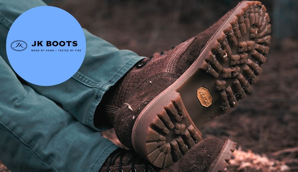 JK Boots case study cover with a close-up of rugged brown work boot soles