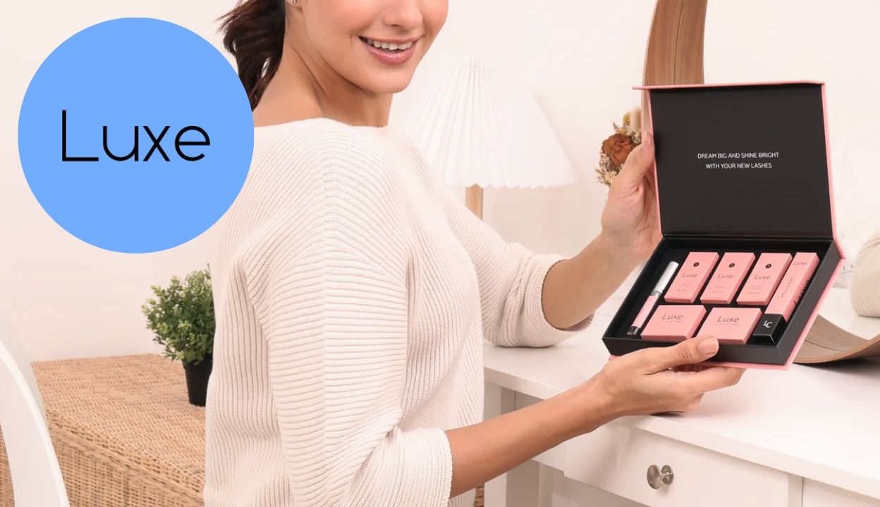 Luxe Cosmetics case study cover with a woman holding an eyelash kit
