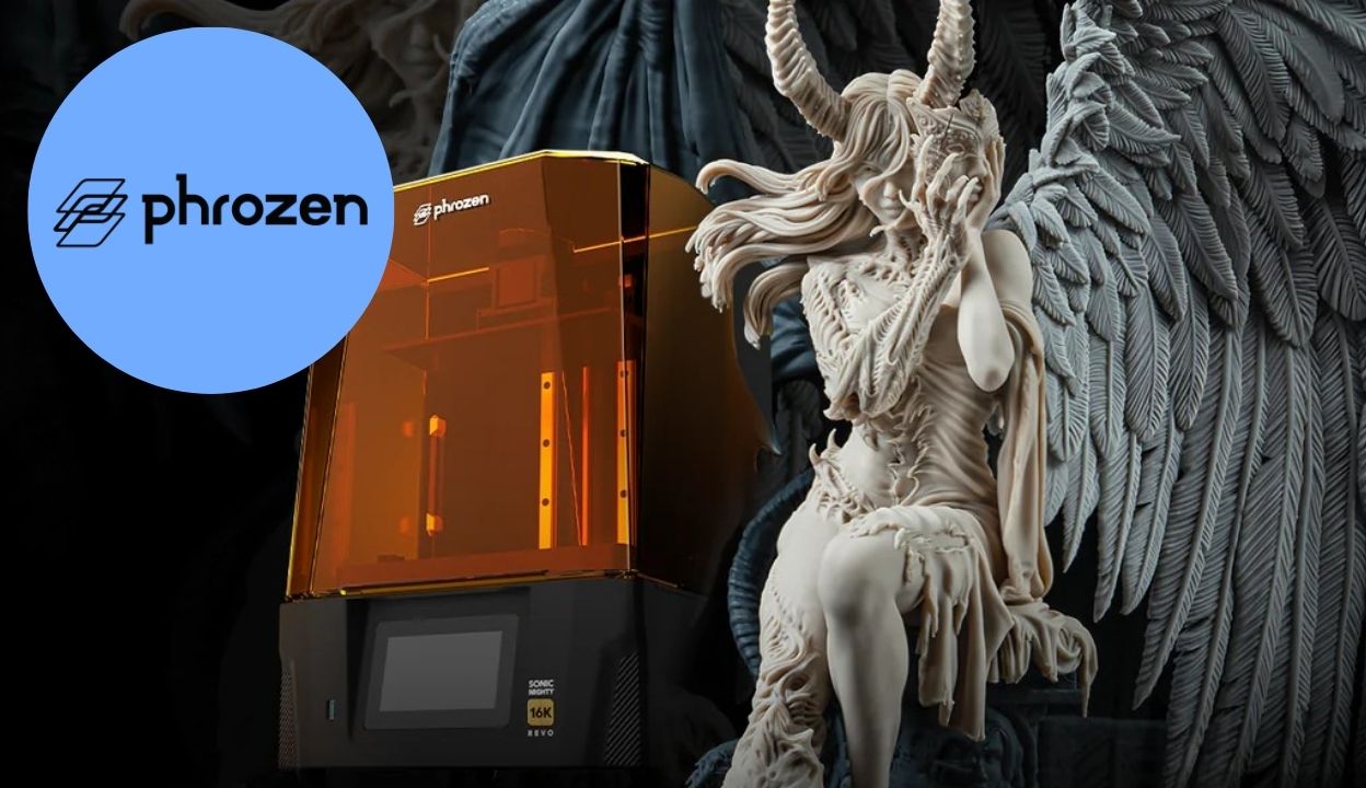 Phrozen case study cover with a 3D printer beside a detailed winged sculpture
