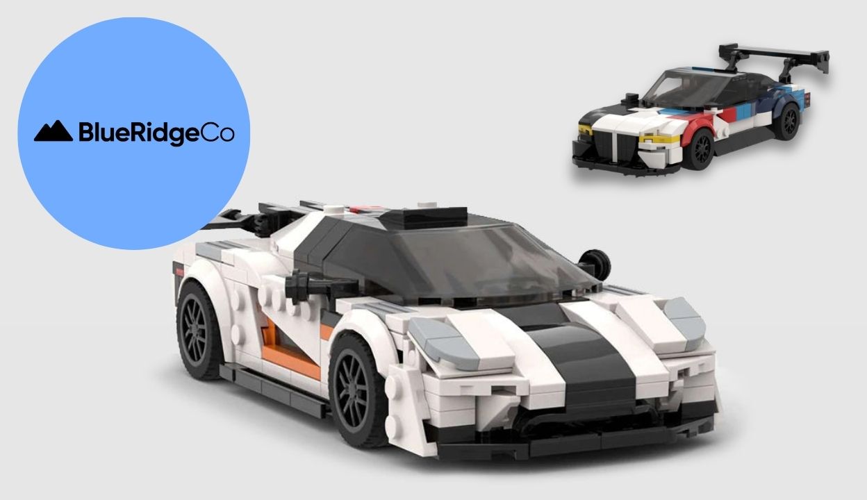 BlueRidgeCo case study cover with white and multicolored brick-built sports cars