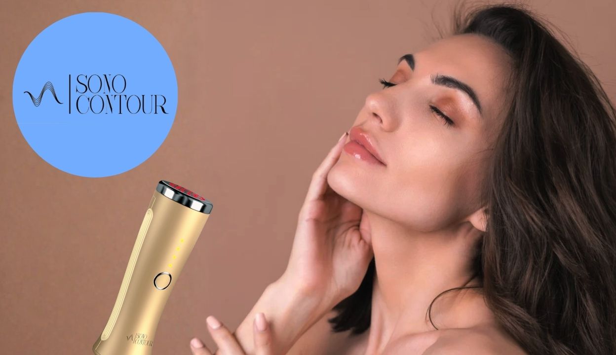 Sono Contour case study cover with a facial-care device beside a model