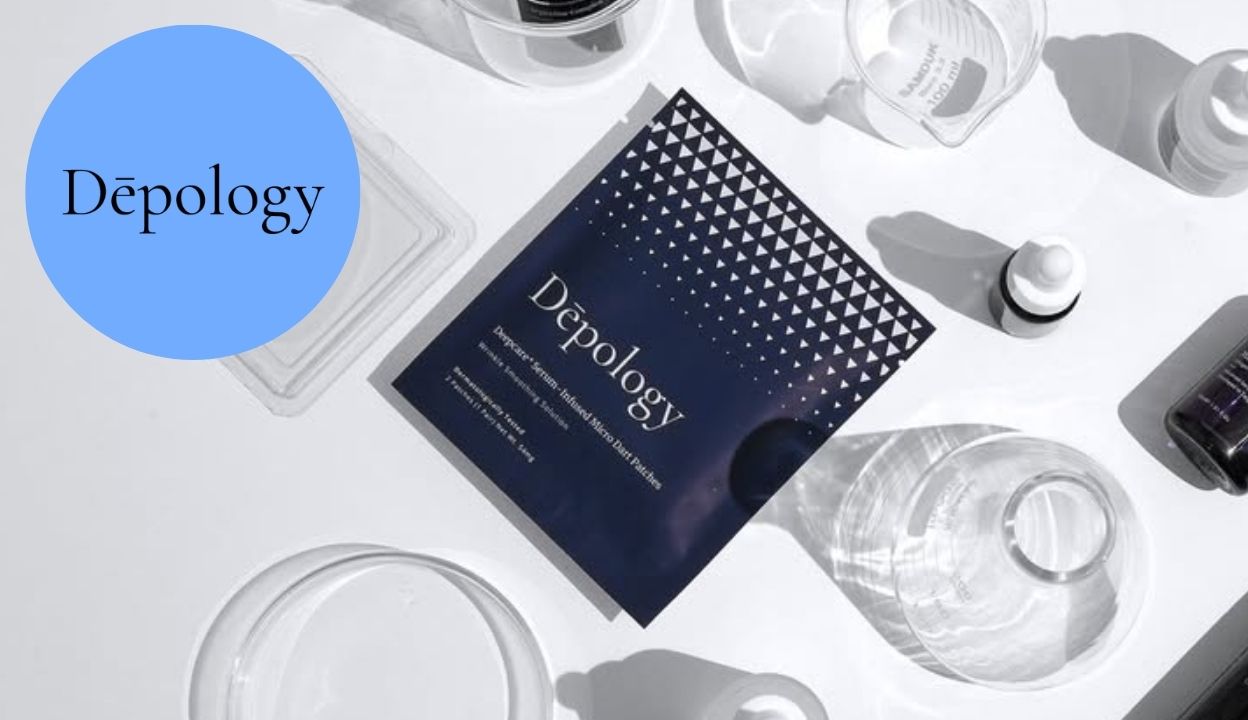Depology case study cover with skincare products and facial mask on a white table