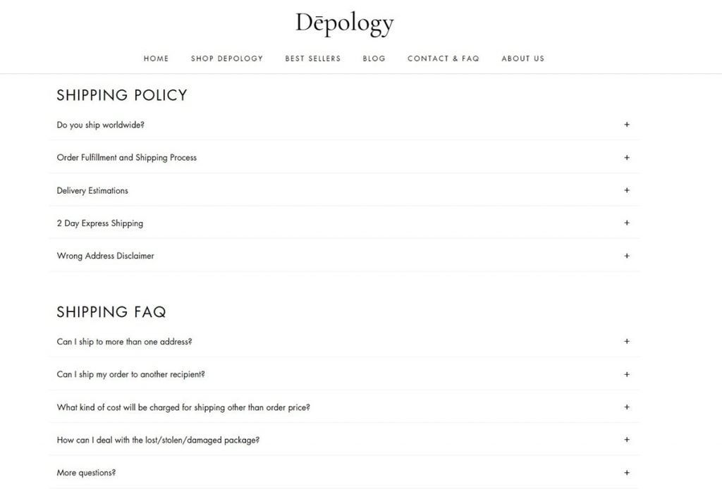 depology-shipping-policy-faq Screenshot of Depology's shipping policies page