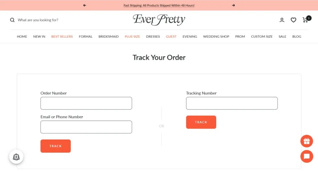 Screenshot of CWILL Customer, Ever-Pretty’s branded tracking page