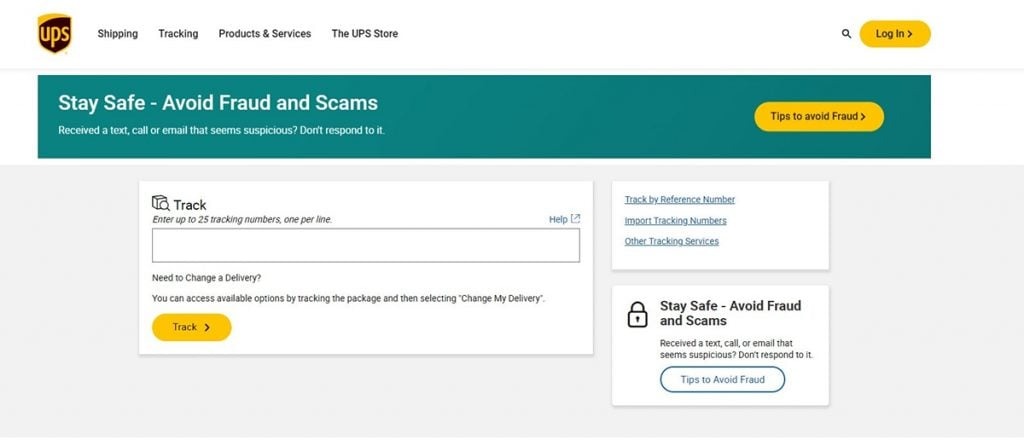 directing-customers-to-carrier-website-for-tracking-orders Screenshot of the UPS tracking page