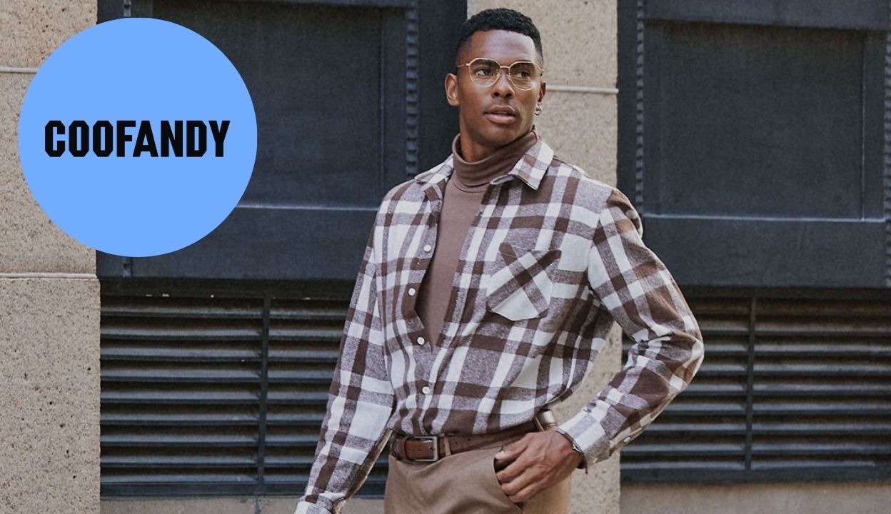 COOFANDY case study cover with a model wearing a brown plaid overshirt