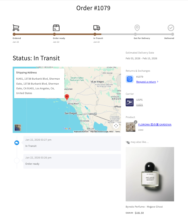 Shopify customer account order tracking:default tracking page