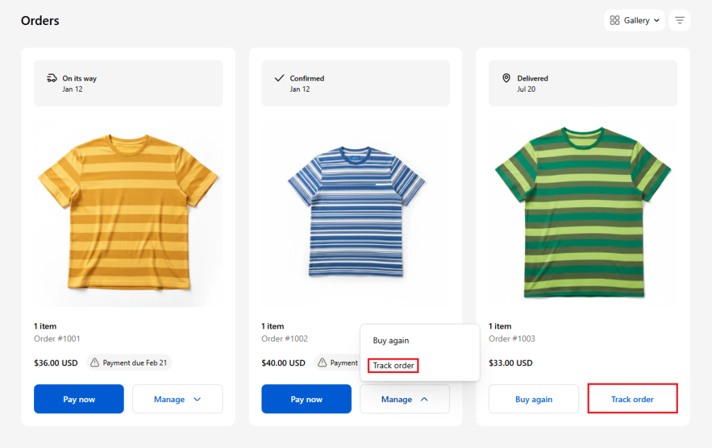 Shopify customer account order tracking: Tracking widget: Order actions