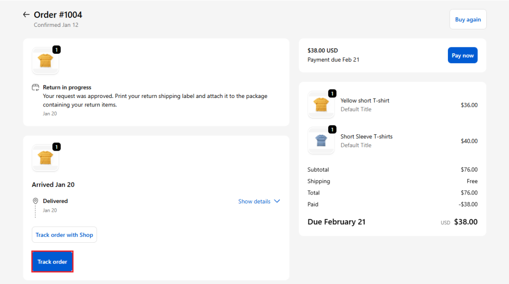 Shopify customer account order tracking: Tracking widget: Fulfillment status