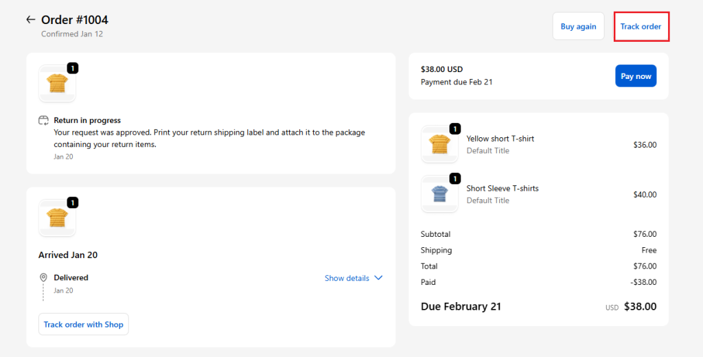Shopify customer account order tracking: Tracking widget: Order actions