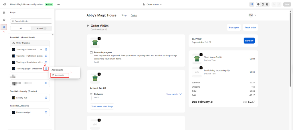 Shopify customer account order tracking setup