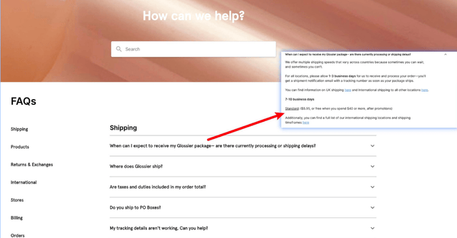 Glossier shipping policy examples