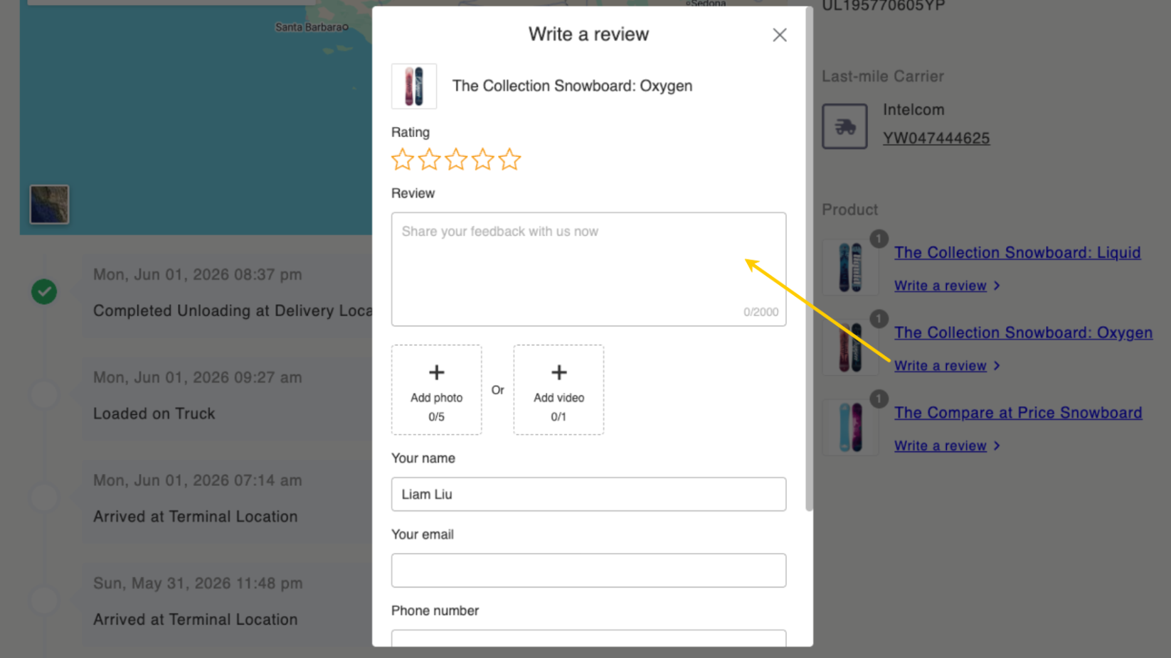 Collected reviews through tracking page