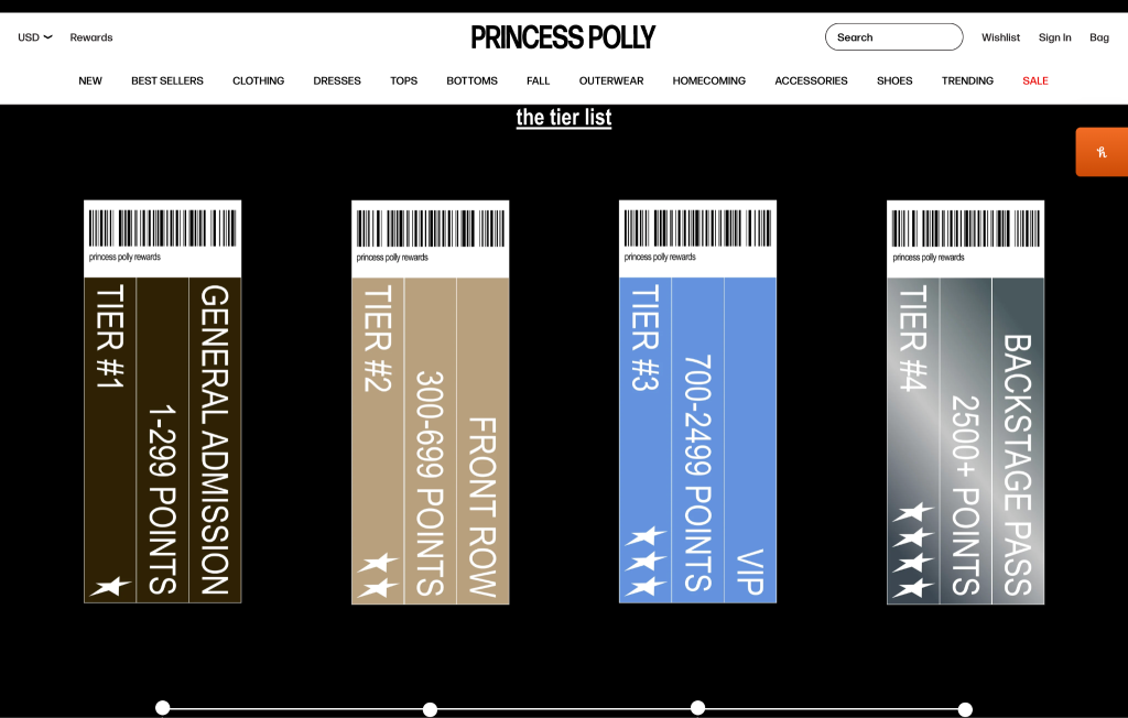 Screenshot of Princess Polly's festival themed tiers with ticket branding
