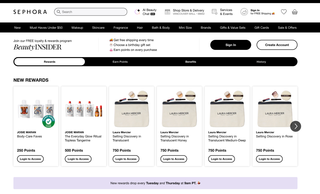 Screenshot of Sephora Beauty Insider page with new rewards listed like a Laura Mercier setting discovery kit