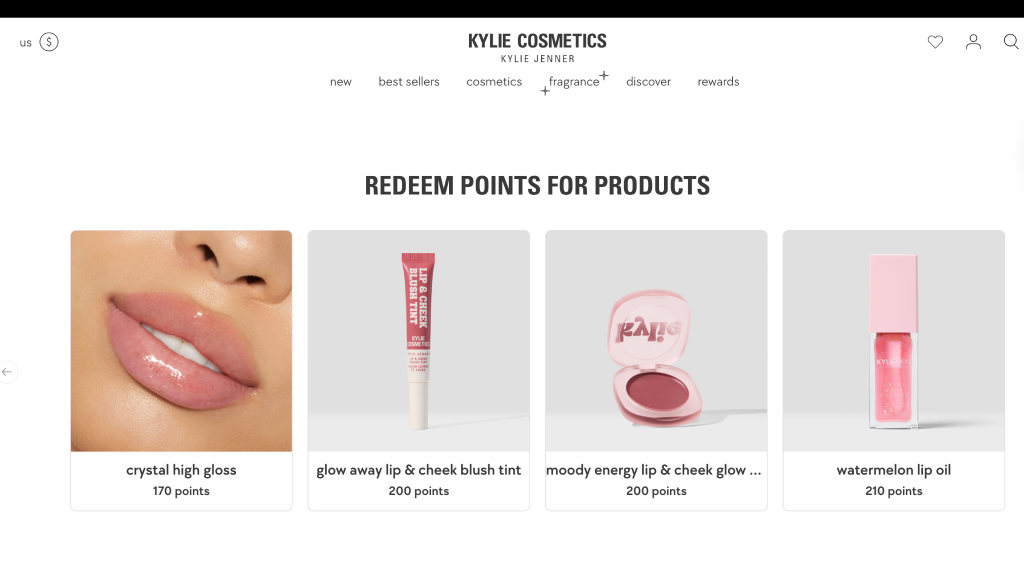 Screenshot of Kylie Cosmetics' loyalty homepage