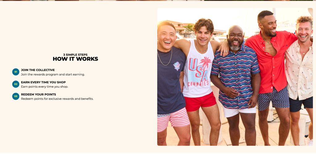 Screenshot of Chubbies' loyalty program homepage