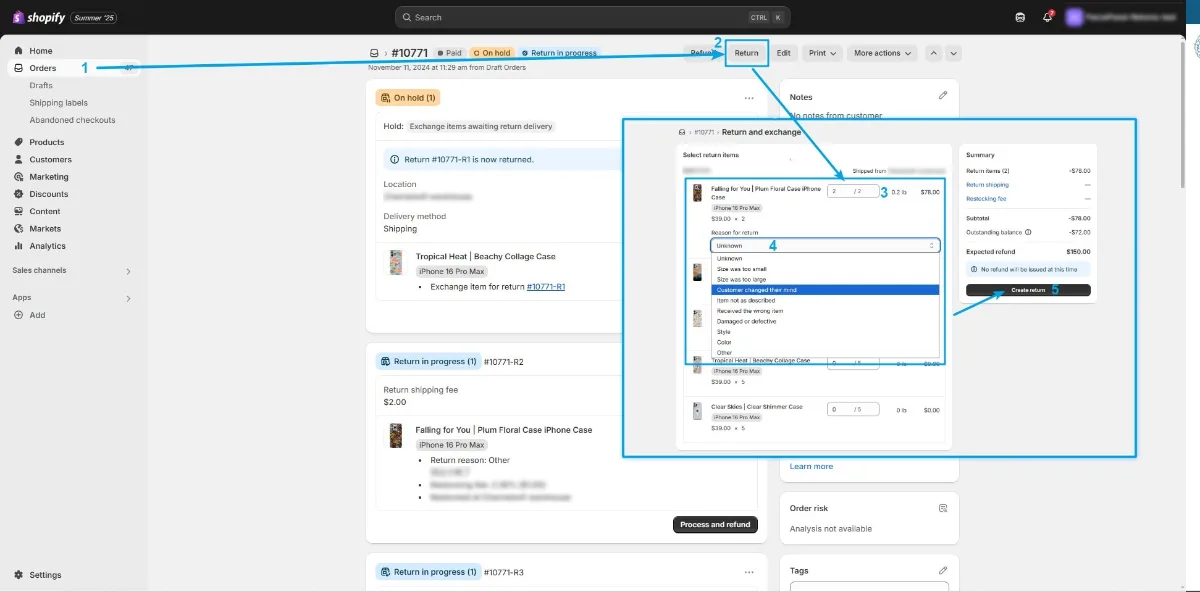Shopify admin order page showing how to start a manual return