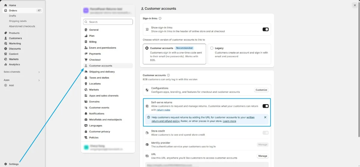 Shopify admin return settings showing how to enable self-serve customer returns